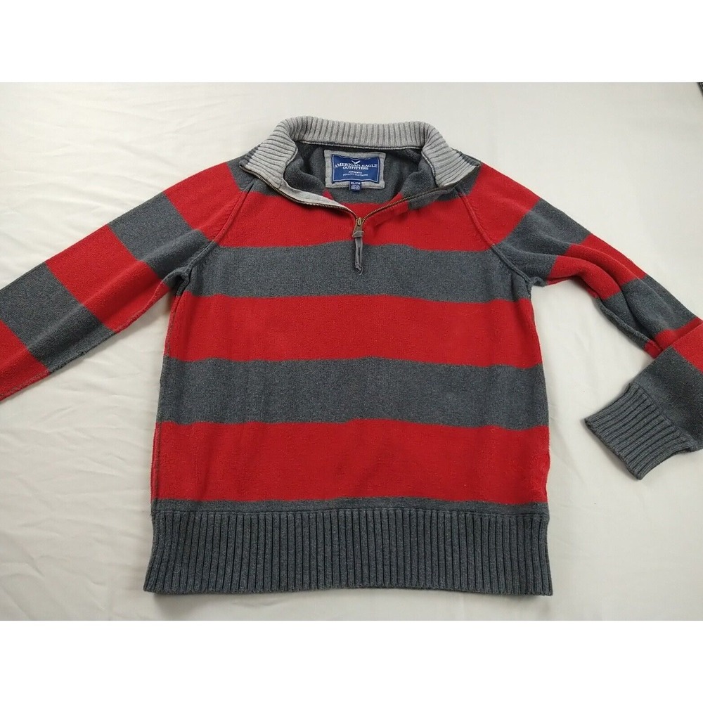 American Eagle Outfitters Sweater Mens XL Red/Gray 1/4 Zip Long Sleeve (1123)